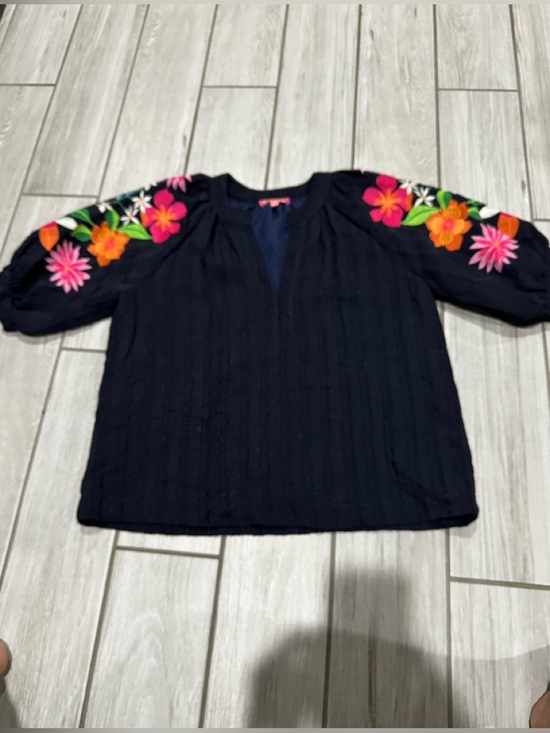 THML Tops - THML Navy Peasant Top with Bright Floral Embroidered Sleeves